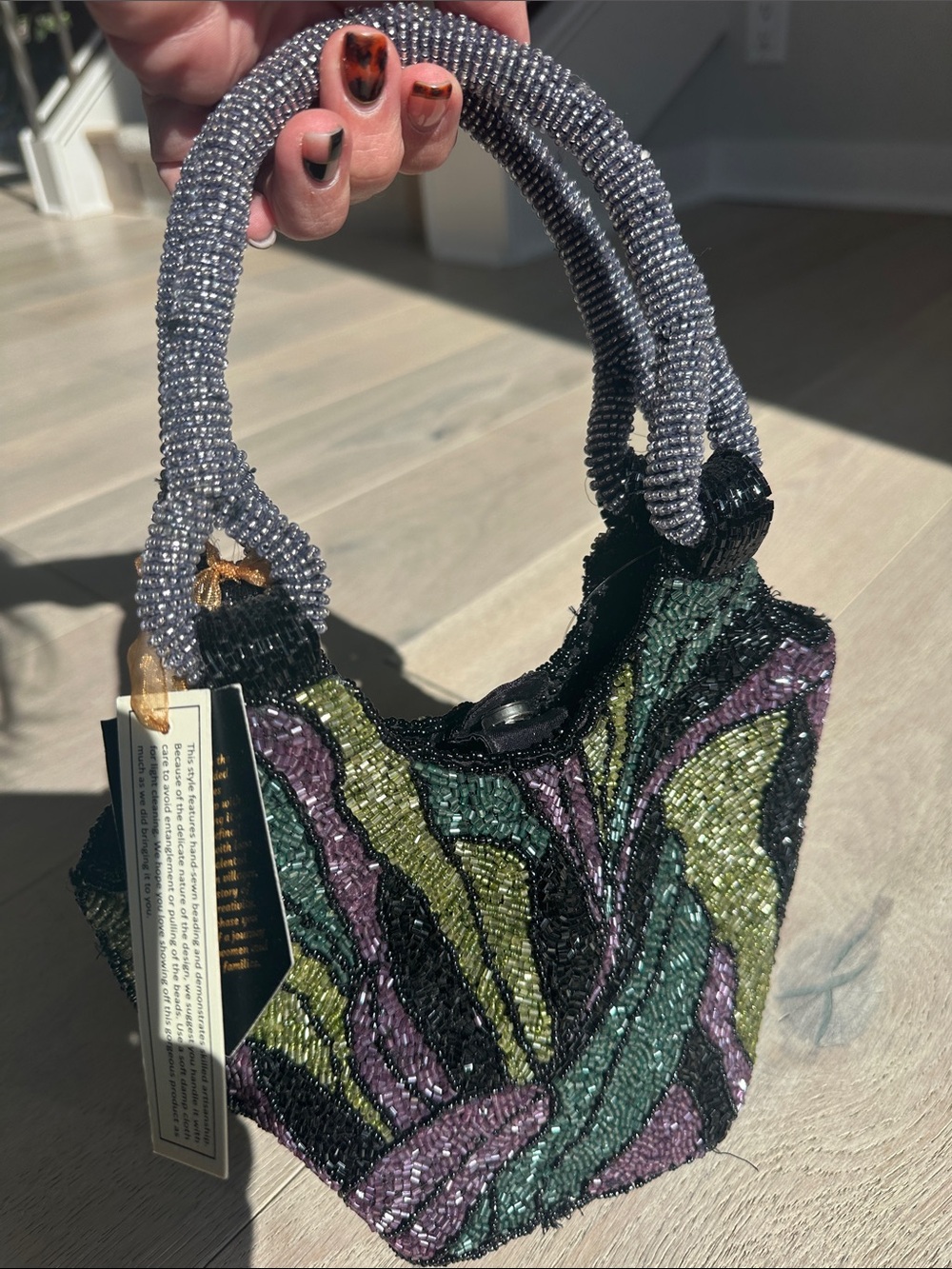 Beaded Tote Bag in Green, Purple & Black